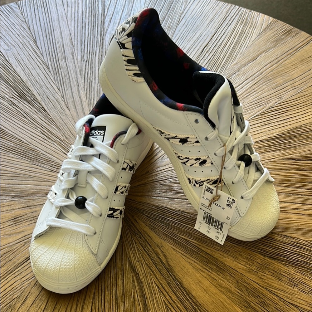 Adidas White Sneakers with Black and Red Patterns